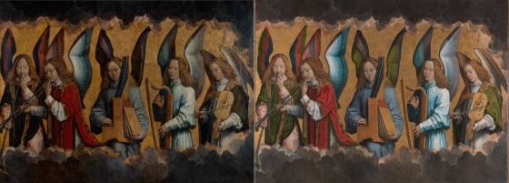 Hans Memling, Christ with singing and music-making Angels (before and after restoration), KMSKA, Lukas - Art in Flanders, Rik Klein Gotink. Hans Memling, Christ with singing and music-making Angels (before and after restoration), KMSKA, Lukas - Art in Flanders, Rik Klein Gotink.
